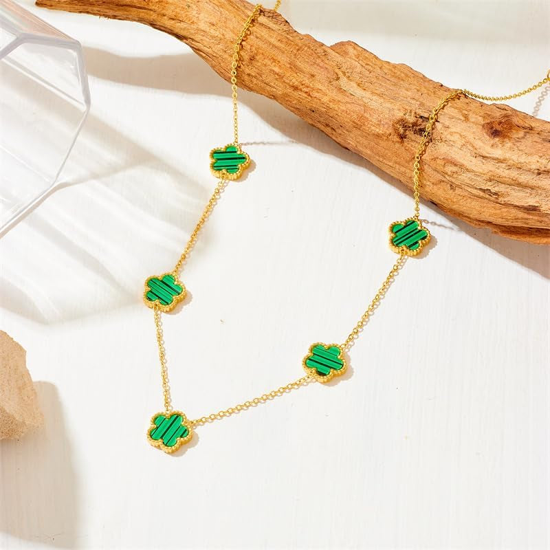 Lucky Clover Neckalce Earring Bracelet Set for Women Gold Plated Stainless Steel Chain Necklace with Flower Design Five Leaf Clover Earring Trendy Jewelry Set Gift