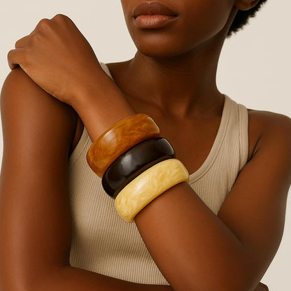 Set of Chunky Acrylic Resin Bangle Bracelets for Women, Retro Brown and Colorful Stackable Bangles, Statement Jewelry Gift