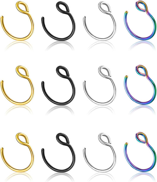 12Pcs 20G Fake Nose Rings Fake Septum Nose Ring Hoop for Faux Lip Septum Nose Ring Set Stainless Nose Hoop for Women Men