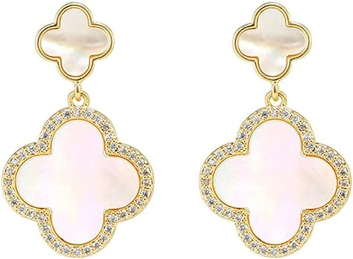 Four Leaf Clover Earrings Silver Needle Clover Earrings Full of Diamond Zircon Anti-Allergy Jewelry Earrings Large for Women or Girls……