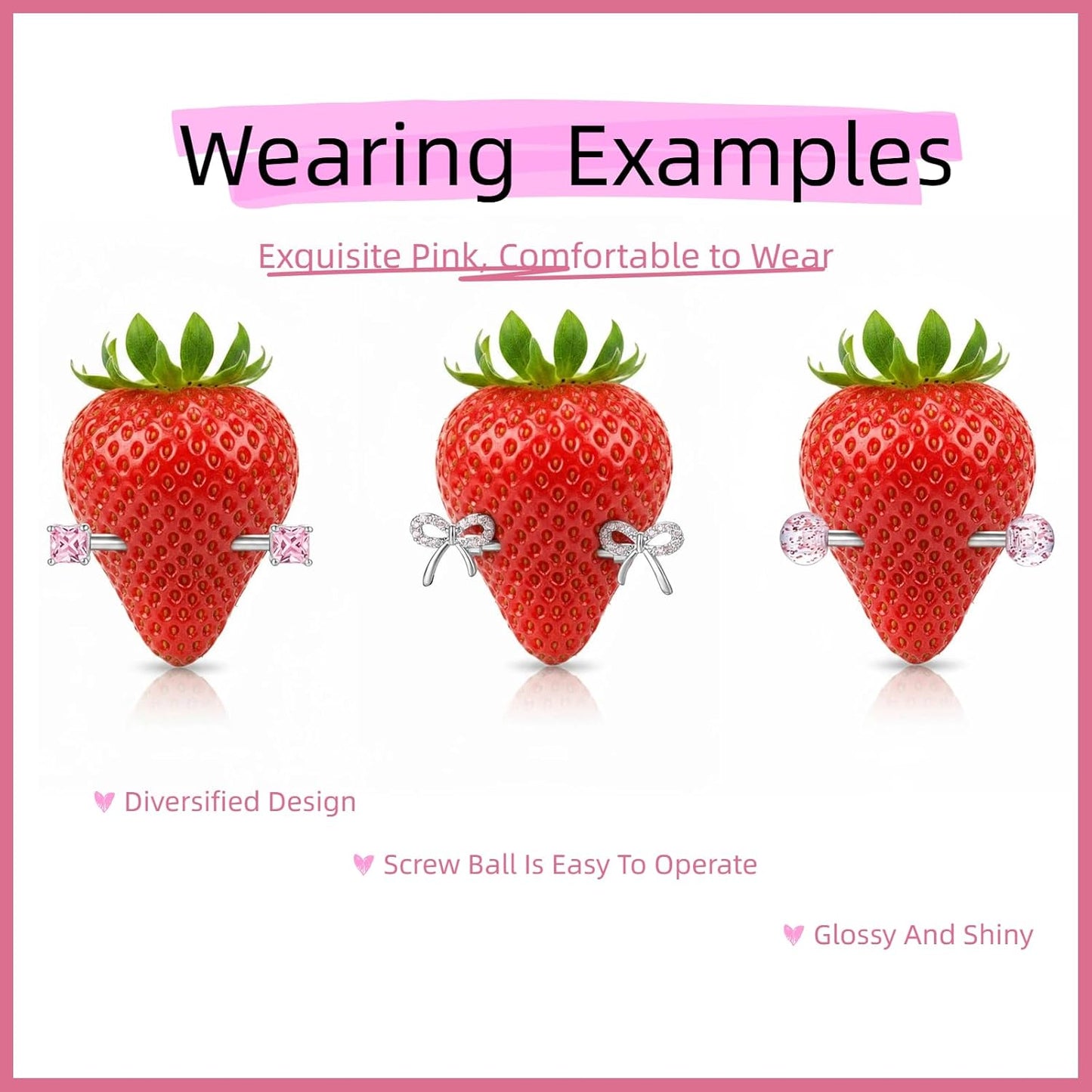 Pink Crystal Surgical Steel Nipple Rings Piercing Jewelry for Women Men, Heart/Bow/Sparkling Diamond Nipple Nail Barbell Piercing Accessory, Body Piercing Accessory Jewelry Gift ﻿