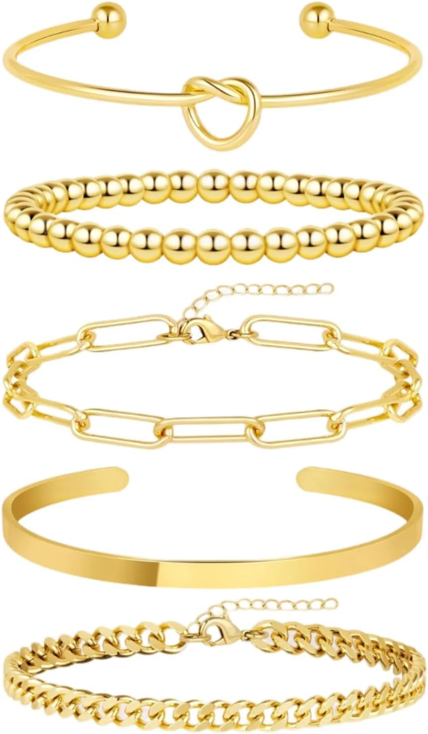 5-Piece Gold Bracelet Stack Set for Women, Metallic Luster Fashion Jewelry Collection with Hand Chain, Stackable Bangles, Love Bracelet - Women'S Gold Jewelry Set