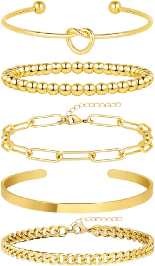 5-Piece Gold Bracelet Stack Set for Women, Metallic Luster Fashion Jewelry Collection with Hand Chain, Stackable Bangles, Love Bracelet - Women'S Gold Jewelry Set
