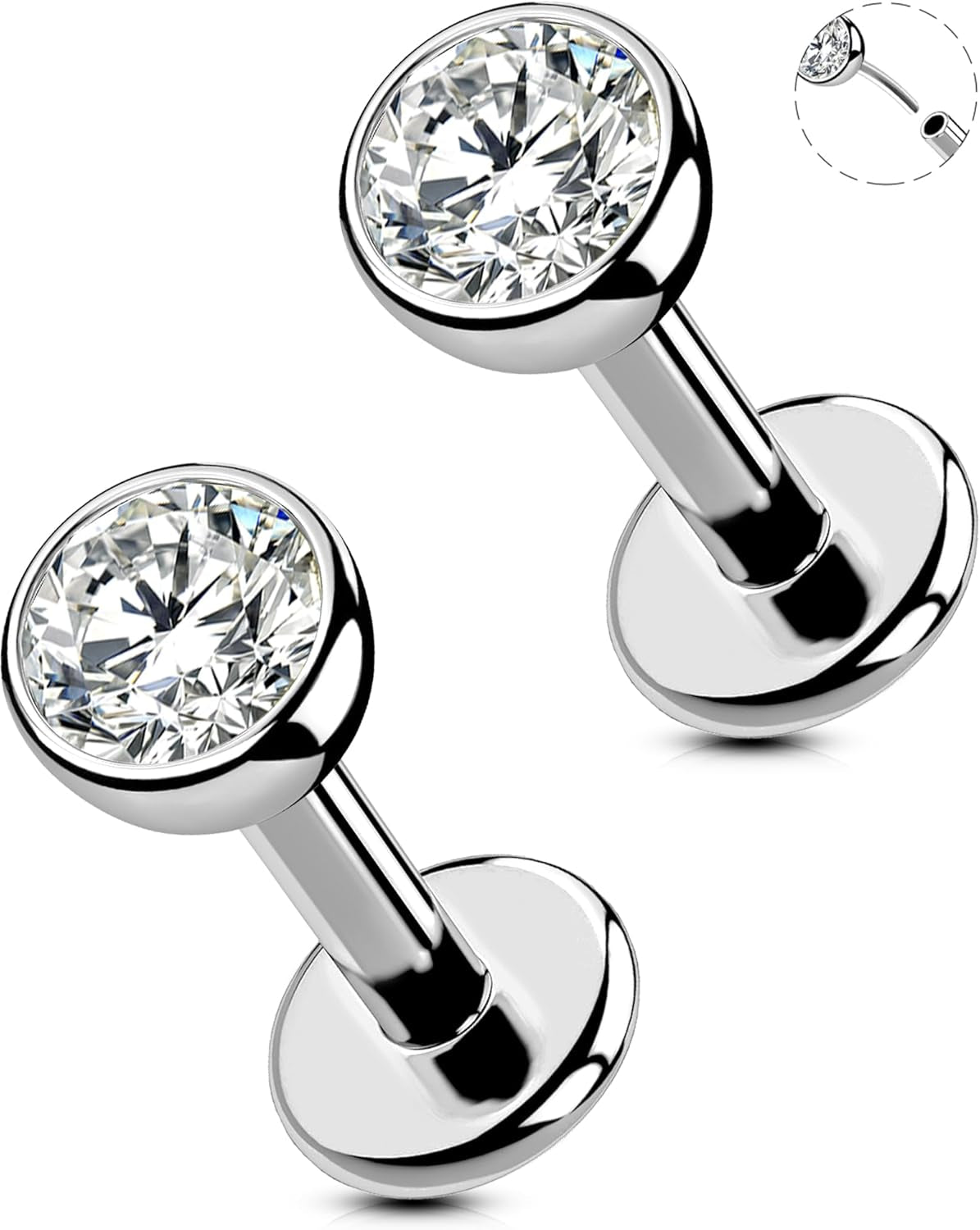 OUFER 2Pcs 20G/18G/16G G23 Titanium Threadless Nose Stud Earrings Flat Back Tiny CZ Small Nose Helix Cartilage Tragus Conch Labret Medusa Monroe Piercing Jewelry for Women Men