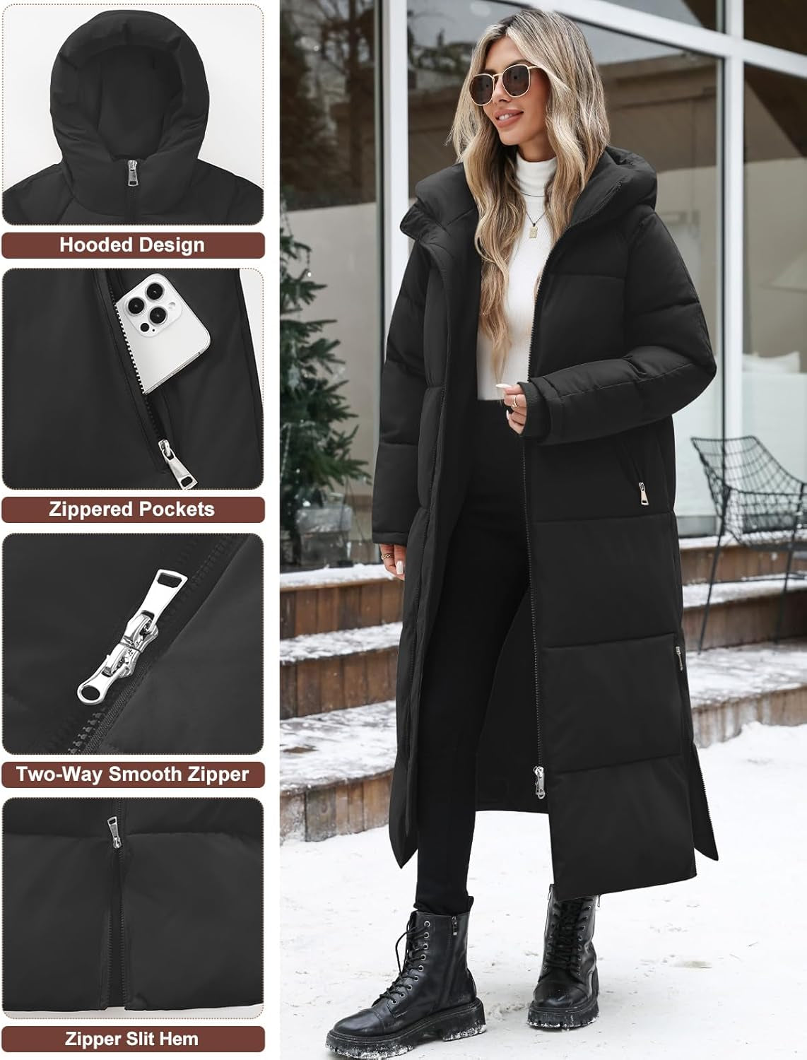 Front view of thickened padded puffer coat with hooded design