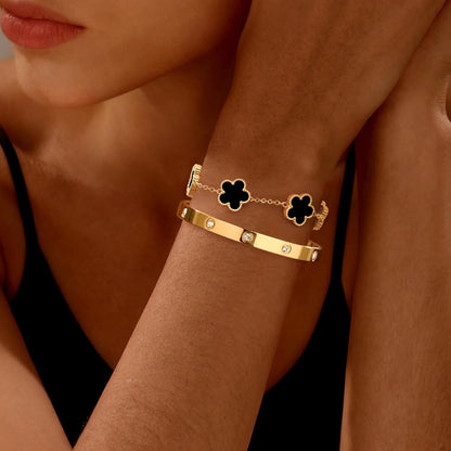 Two cute gold clover bracelets adjustable charm stacking set