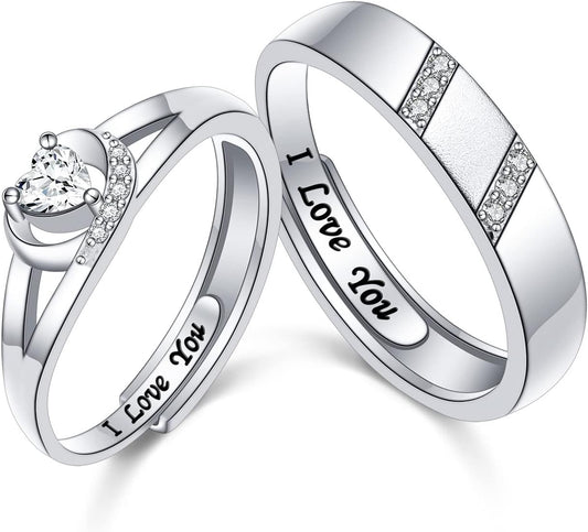 Yearace Couple Rings, 925 Sterling Silver Promise Ring for Couples Romantic Love Couples Jewelry Gifts, Adjustable Engagement Wedding Ring for Him and Her
