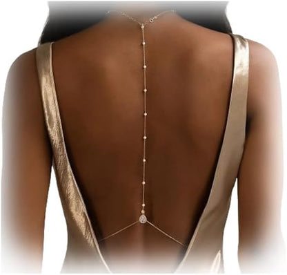Rhinestone Back Necklace for Backless Dress - Bridal Wedding Pearl Backdrop Jewelry Crystal Long Body Chain Simple Waist Chain for Women