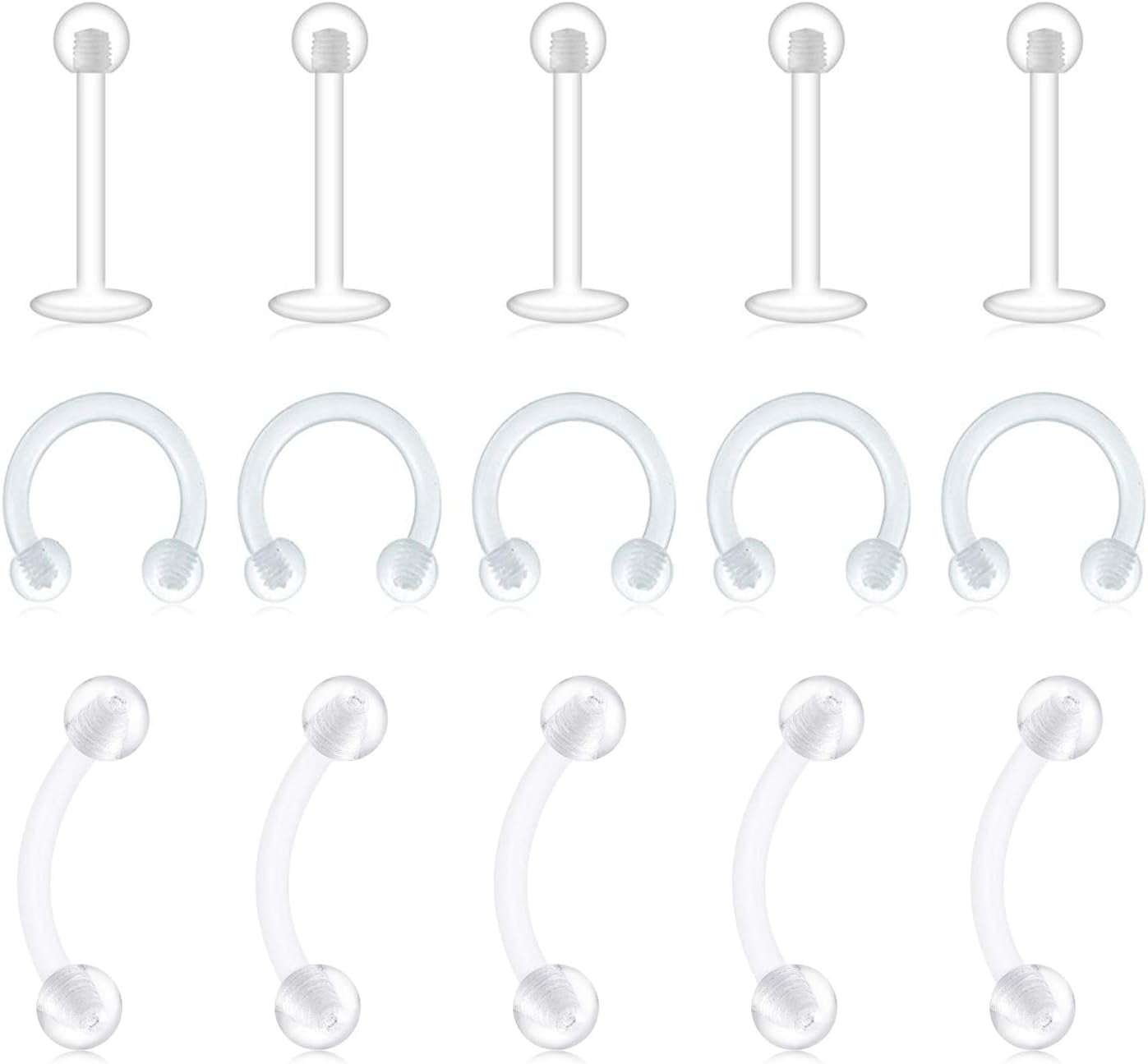 D.Bella 12Pcs 16G 8Mm Horseshoe Colorful Clear Boiflex Nose Rings Hoop Lip Eyebrow Retainer Fake Nose Septum Cartilage Earrings Ring Piercing Retainer