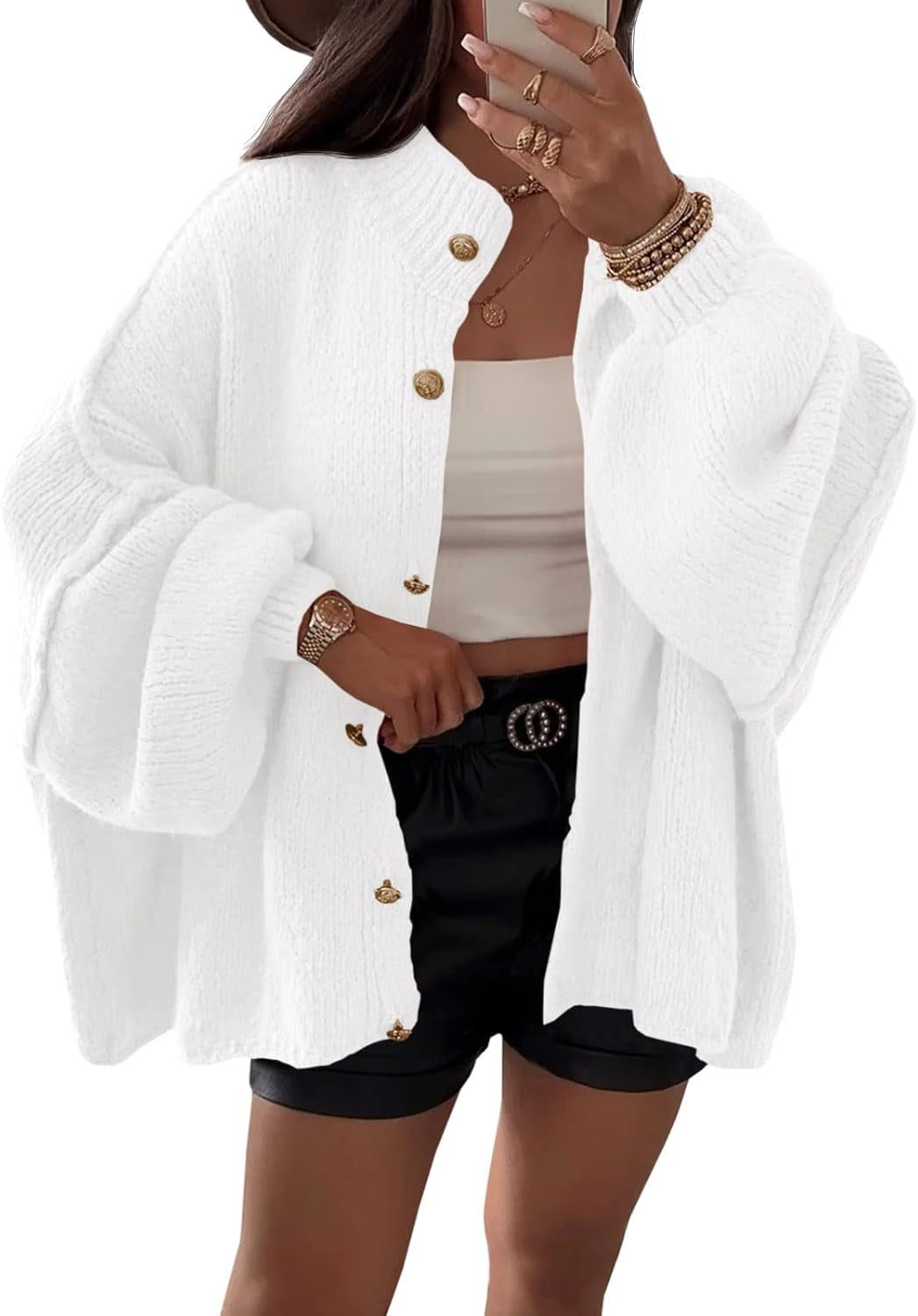 Saodimallsu Womens Oversized Cardigans Long Lantern Sleeve Button down Chunky Knit Loose Fall Sweater Coats