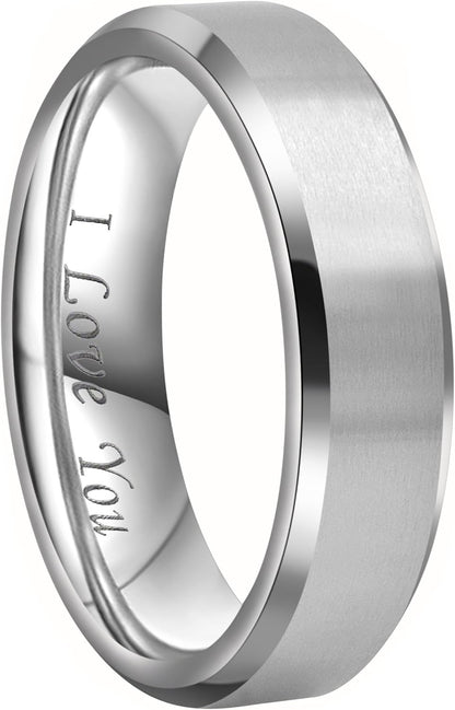 CROWNAL 4Mm 6Mm 8Mm Black/Silver Titanium Wedding Couple Bands Rings Men Women Matte Finish Beveled Edges Engraved I Love You Comfort Fit Size 4 to 16
