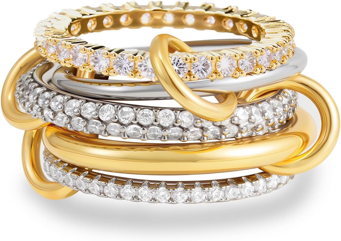 18K Gold Plated Stackable Rings for Women with Gift Box – Silver & Gold Multi-Link Connected Bands Set,Cubic Zirconia Mixed Metals Rings, Tarnish-Resistant Jewelry