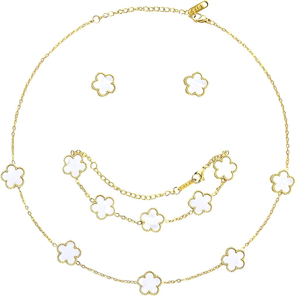 Lucky Clover Necklace Jewelry Sets,18K Gold Plated Flower Design Five Leaf Bracelet,Clover Necklace Pendant,Clover Earrings for Women Lucky, 4 Leaf Clover Necklace