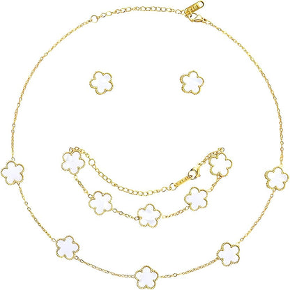 Lucky Clover Necklace Jewelry Sets,18K Gold Plated Flower Design Five Leaf Bracelet,Clover Necklace Pendant,Clover Earrings for Women Lucky, 4 Leaf Clover Necklace