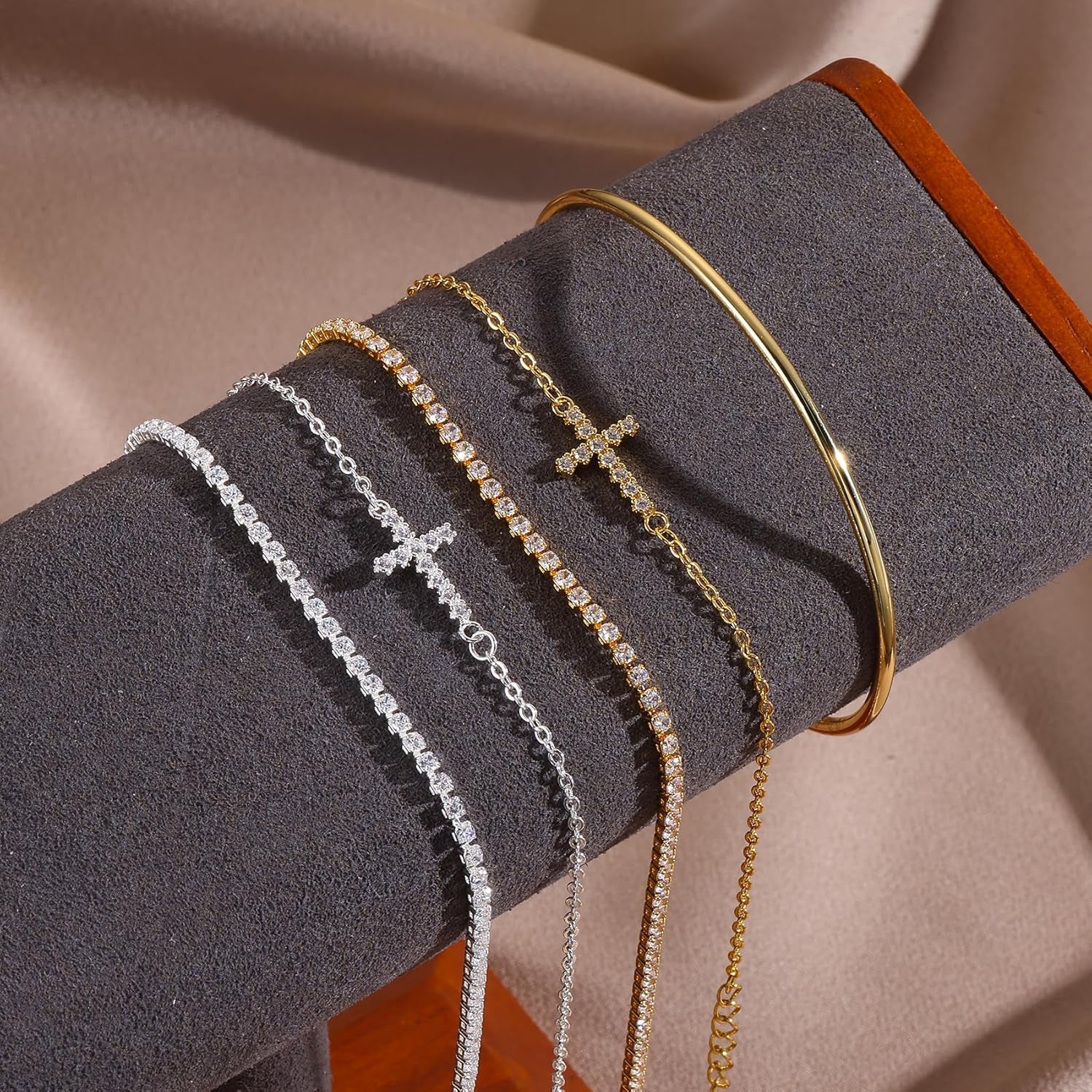 18K Gold Plated Cross Bracelet Bangle Set Silver Bracelets Flexible Wide Wristband Set Adjustable Gold Bangle Bracelet Stack for Women