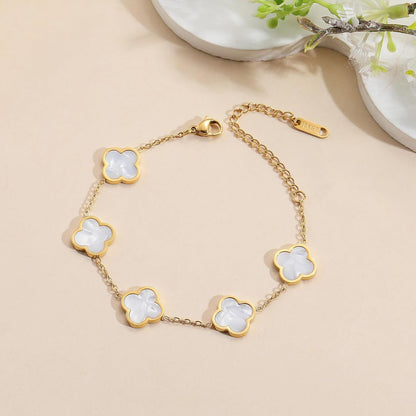 18K Gold Clover Lucky Bracelet – Double-Sided Pearl Flower Charms, Reversible Design, Adjustable Trendy Jewelry Gift for Women