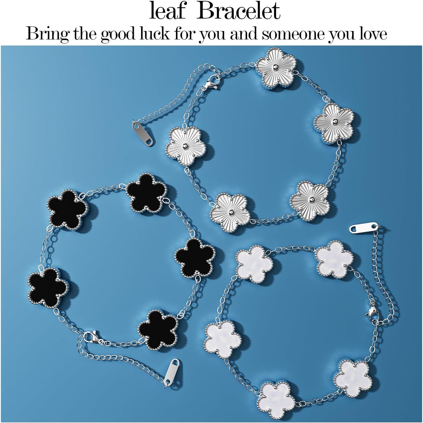 Aicase 18K Gold Plated Clover Bracelet Dupes White/Black/Silver Bracelet Set for Women Flower Leaf Lucky Clover Bracelets Trendy Jewelry Birthday Gifts for Women/Mom/Daughter/Nana/Besties/Friends