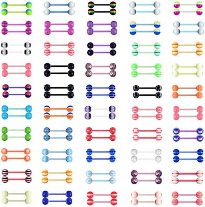 Assorted acrylic tongue rings in pink, blue, and purple