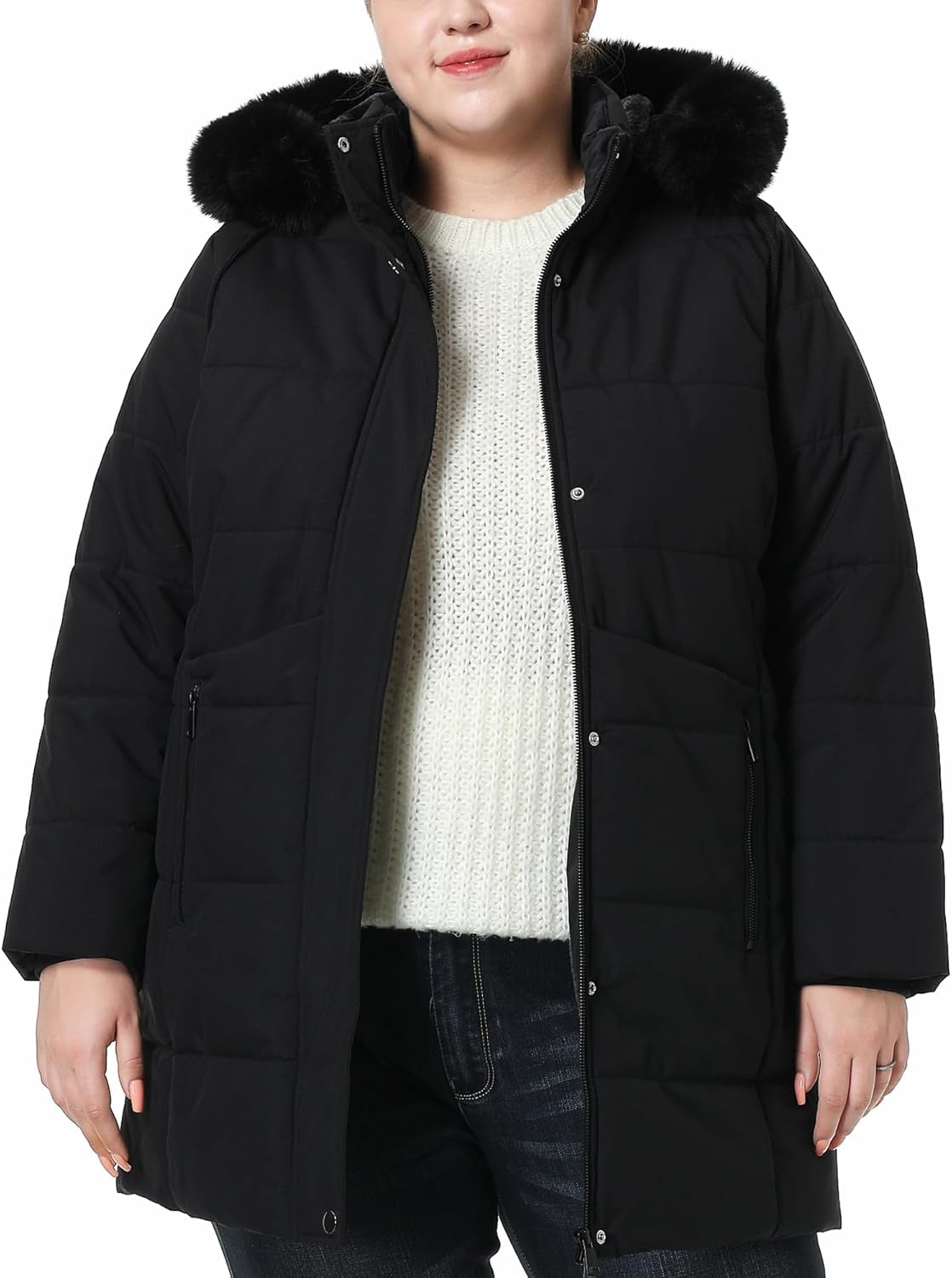 Detachable hooded parka feature on women's winter coat