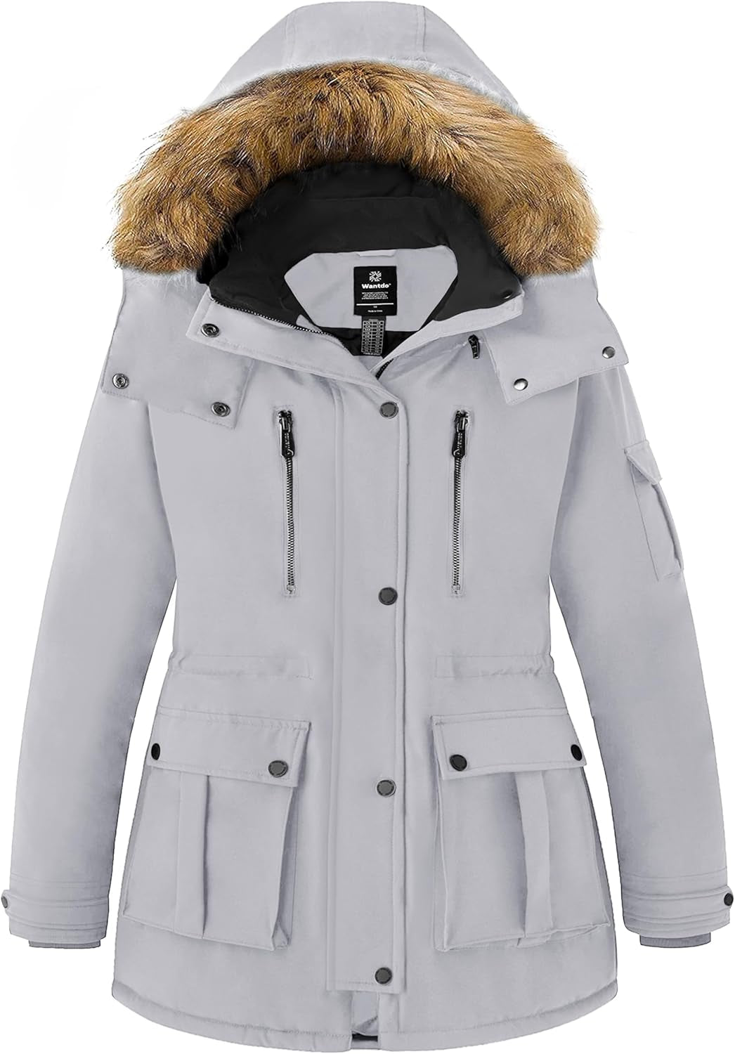 Black parka jacket interior lining and thermal insulation detail