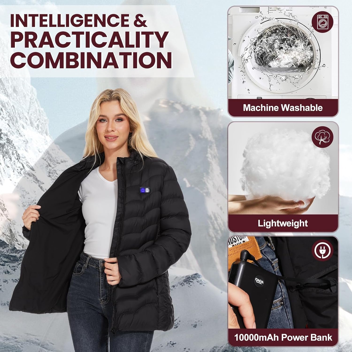 Women's heated jacket full length modeling shot