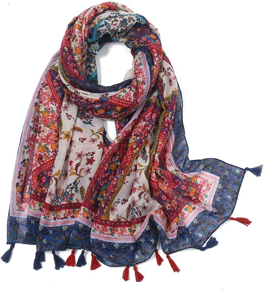 Yeieeo Boho Scarf for Women Lightweight Floral Printed Scarf Fall Winter Fashion Fringed Shawl