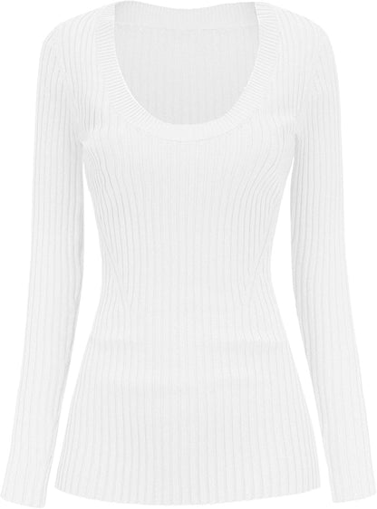 V28 Women Scoop Neck U-Neck Knit Long Sleeve Slim Fit Ribbed Sweater Tops