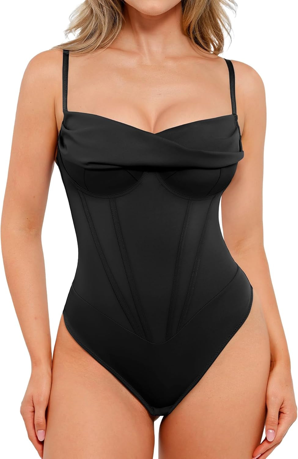 Popilush corset bodysuit with cowl neck tummy control
