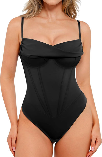 Popilush corset bodysuit with cowl neck tummy control