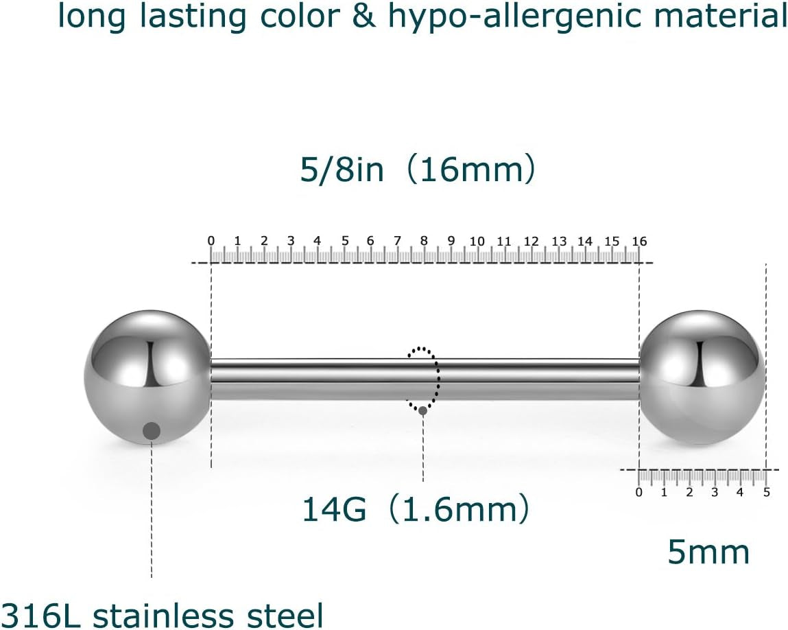 VCMART 14G Tongue Rings Nipple Straight Barbells Surgical Steel Body Piercing Jewelry 16Mm