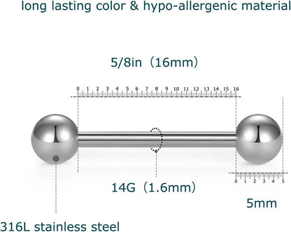 VCMART 14G Tongue Rings Nipple Straight Barbells Surgical Steel Body Piercing Jewelry 16Mm