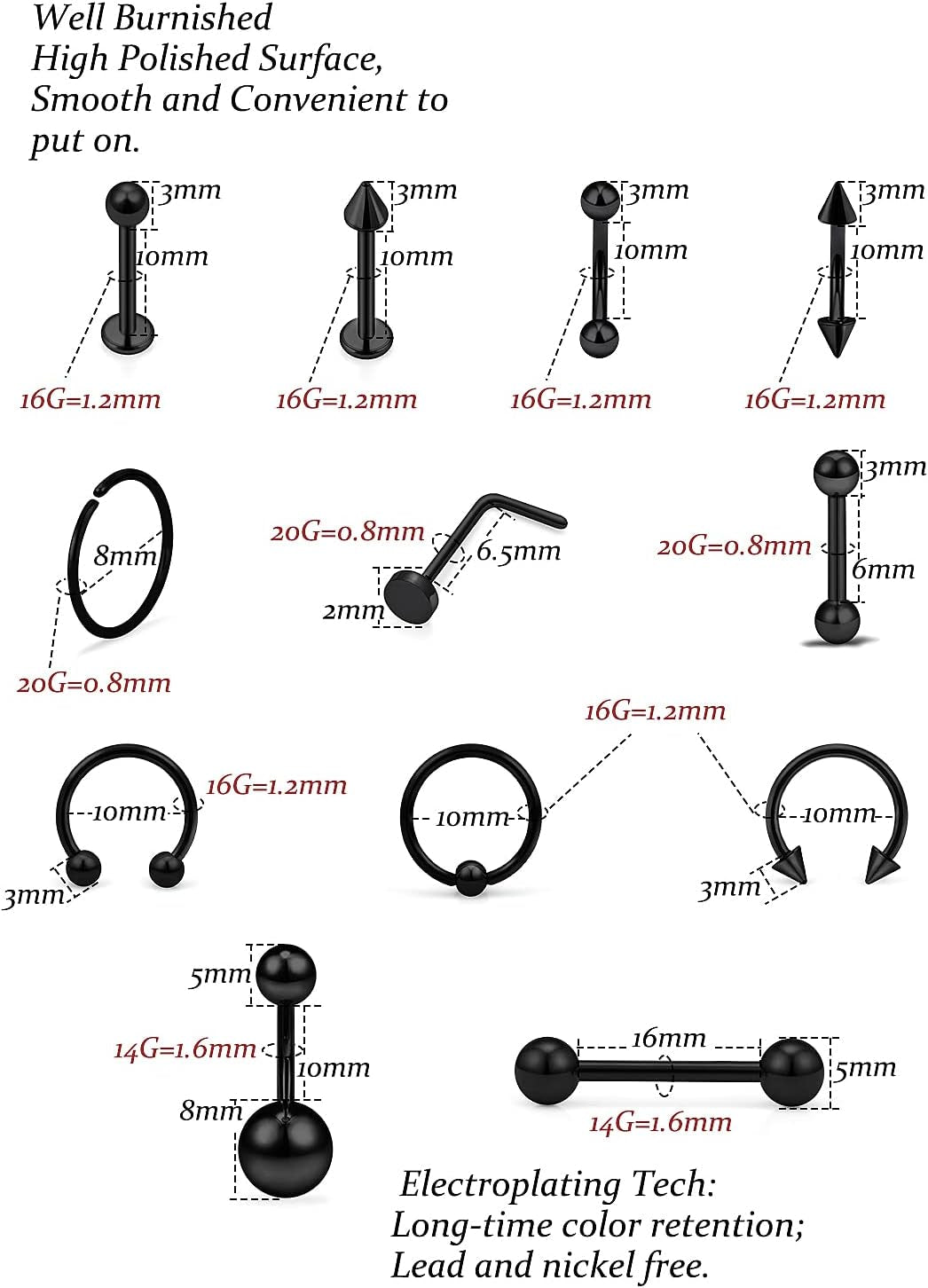 Vsnnsns Piercing Kit 316L Surgical Steel Body Jewelry Piercing Kit with 12G 14G 16G 18G 20G Piercing Needles Use for Nose Septum Lip Tongue Belly Eyebrow Rings Ear Piercing Kit Silver Black Rainbow
