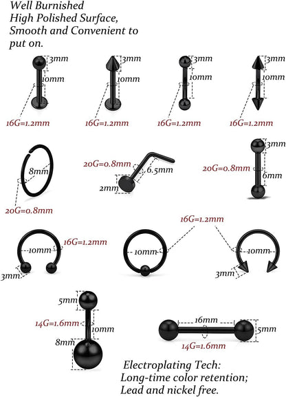 Vsnnsns Piercing Kit 316L Surgical Steel Body Jewelry Piercing Kit with 12G 14G 16G 18G 20G Piercing Needles Use for Nose Septum Lip Tongue Belly Eyebrow Rings Ear Piercing Kit Silver Black Rainbow