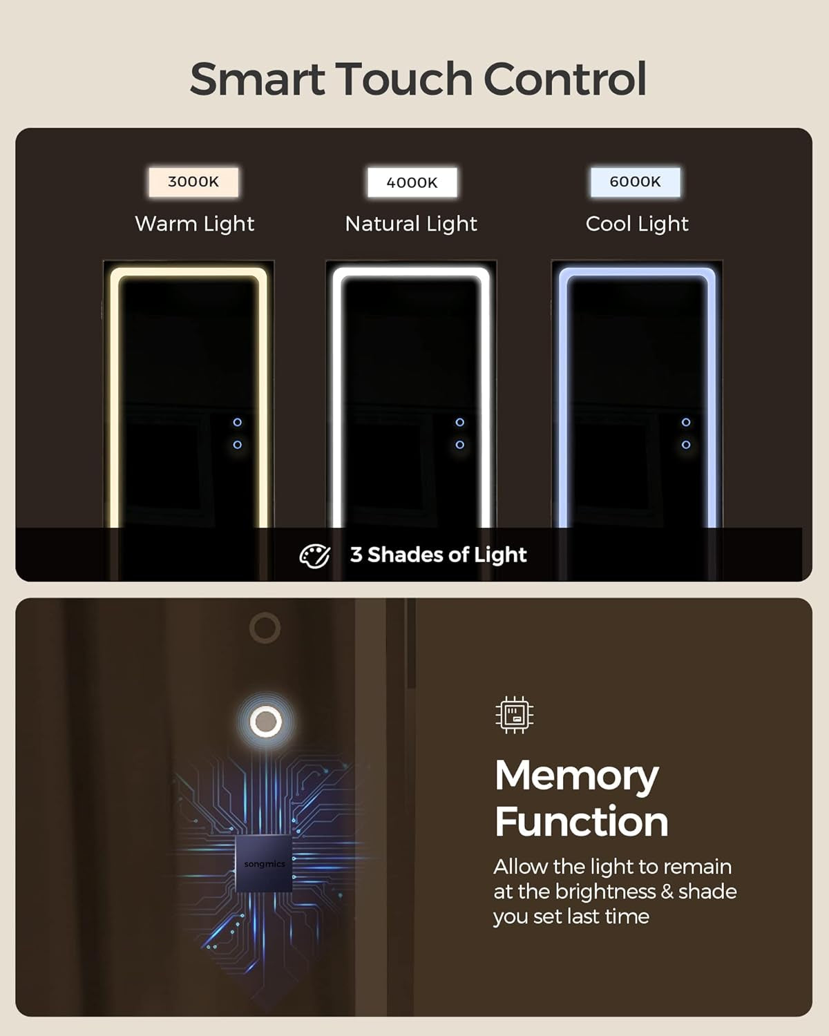 SONGMICS LED Jewelry Cabinet Standing, Lockable Armoire with Full-Length Mirror and Adjustable Lights, Space-Saving Organizer, Christmas Gifts for Women, Gift Idea, Rustic Brown UJJC008X01