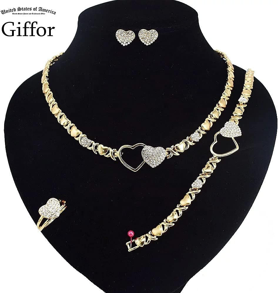 Giffor 4PCS 18K Gold Filled XOXO Jewelry Sets for Women Necklace Wedding Jewelry Birthday Gifts for Women Jewelry Earrings with Bracelet and Rings Halloween Party
