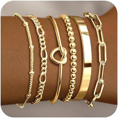 18K gold plated bracelet stack set featuring beaded paperclip and Cuban link styles