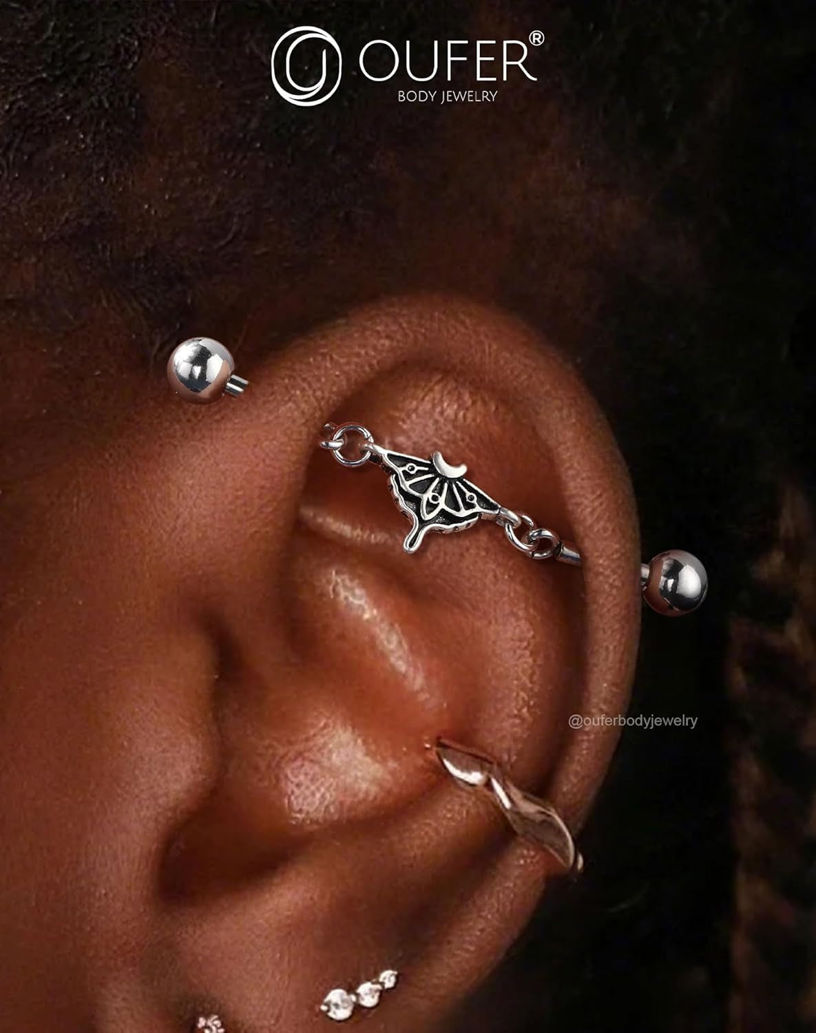 OUFER Moth Industrial Piercing Jewelry, Chain Industrial Bar, 316L Surgical Steel 14G Industrial Earrings for Women Men, Hallween Industrial Jewelry