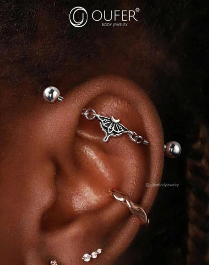 OUFER Moth Industrial Piercing Jewelry, Chain Industrial Bar, 316L Surgical Steel 14G Industrial Earrings for Women Men, Hallween Industrial Jewelry