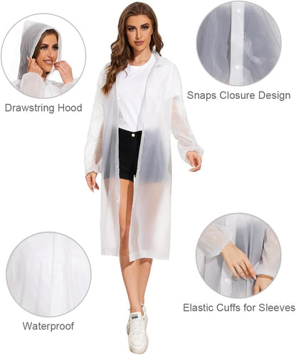 Transparent EVA rain poncho showing coverage length detail