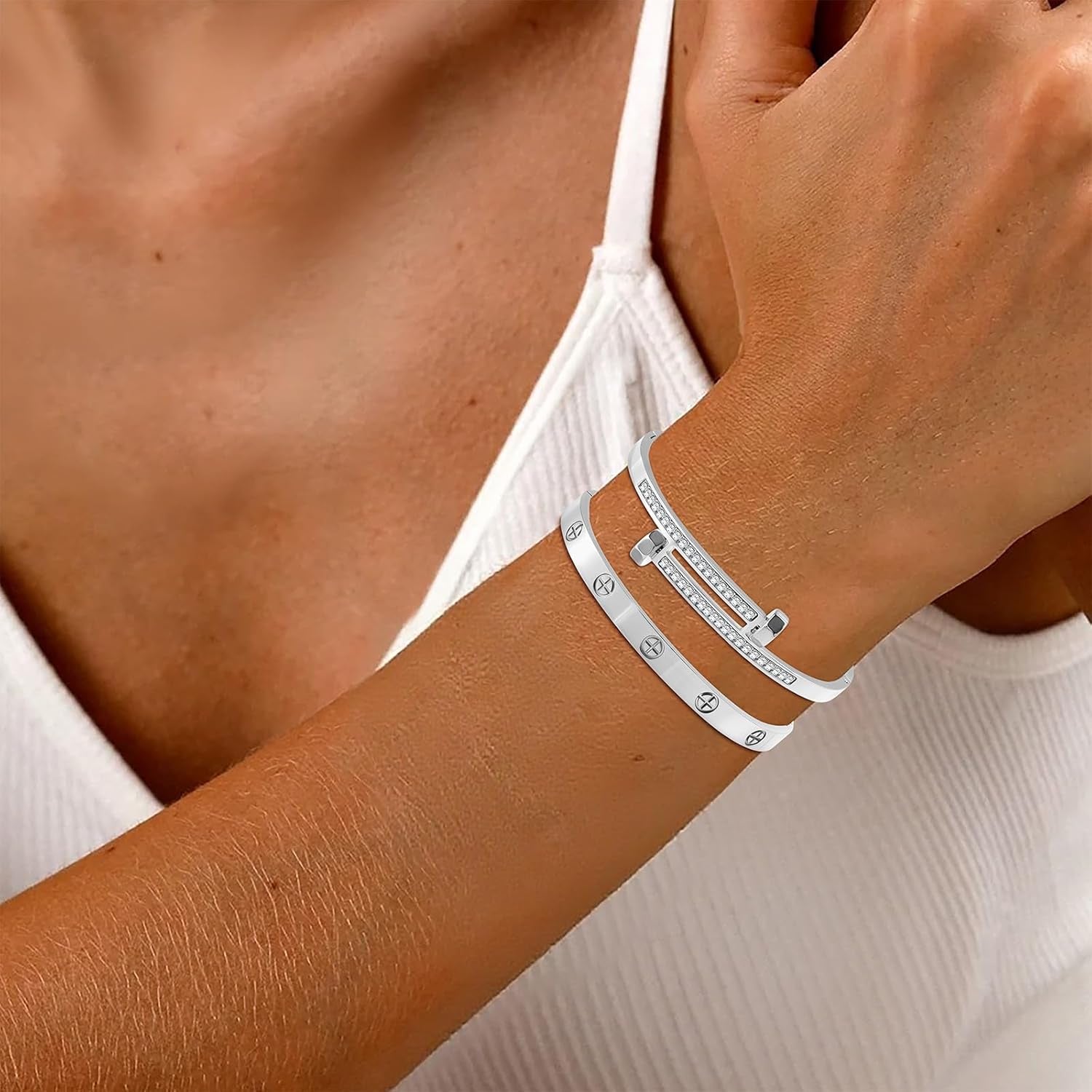 2PCS Gold Bracelets for Women Friendship & Love Theme Crystal Bangle Set Stainless Steel Non Tarnish Jewelry, Ideal Birthday Gift.