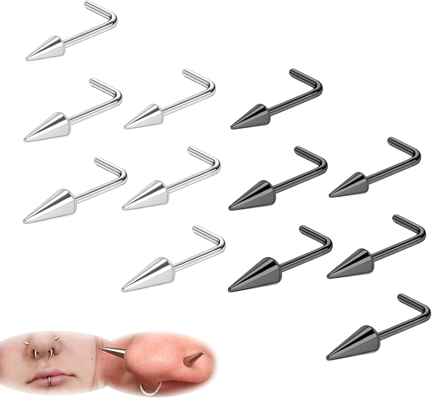 ZS 20G Spike Nose Rings Studs, 18G Stainless Steel Spike Stud Earrings, 16G Septum Lip Rings Cartilage Tragus Helix Piercing for Women Men