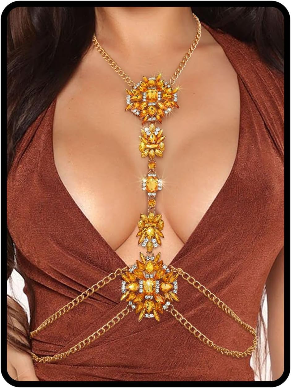 ELABEST Boho Rhinestone Statement Chest Chain Crystal Necklace Body Chain Summer Beach Body Jewelry Accessories for Women
