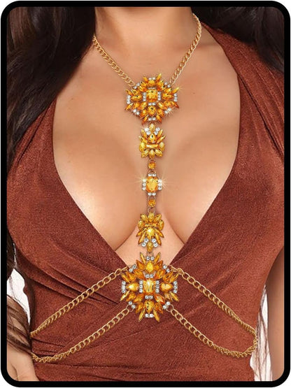 ELABEST Boho Rhinestone Statement Chest Chain Crystal Necklace Body Chain Summer Beach Body Jewelry Accessories for Women