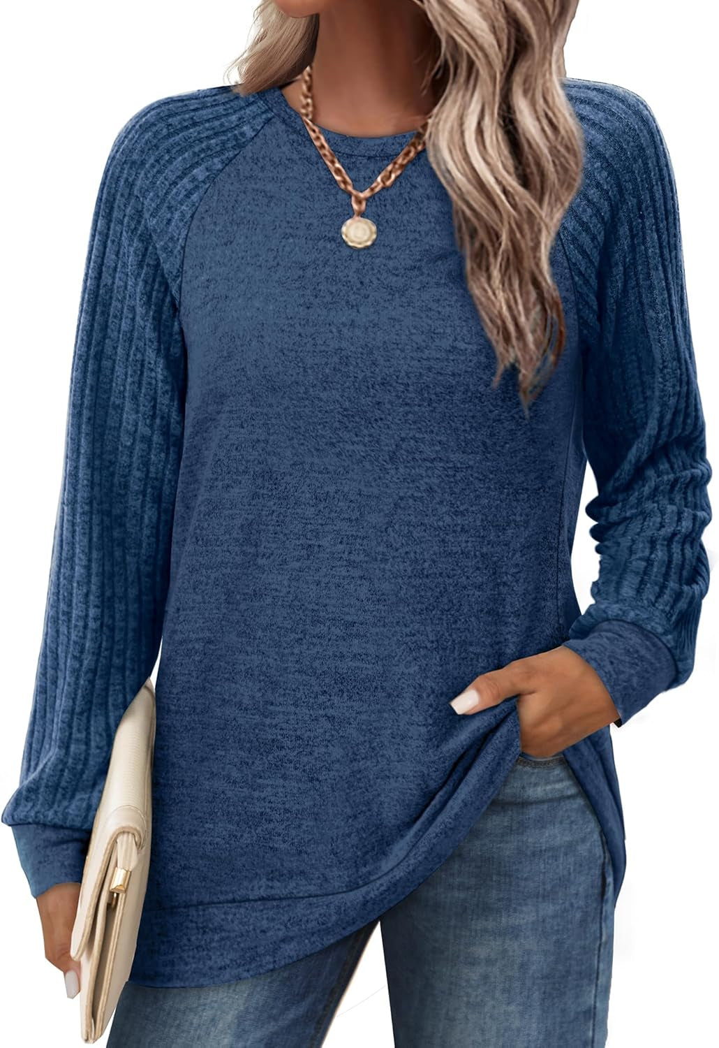Saloogoe Tunic Sweatshirts for Women Crewneck Lightweight Sweaters Raglan Long Sleeve Shirts Fall Fashion Tops 2024