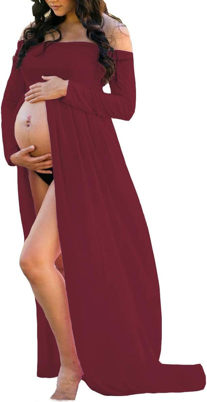 Mommy Jennie Maternity Dress off Shoulder Long Sleeve Split Front Chiffon Gown for Photoshoot