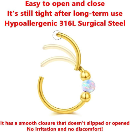 Opal Nose Ring Studs Horseshoe Nose Rings Hoops Stud 316L Stainless Steel Nose Rings round CZ Square Screw L Shaped Nose Stud Hypoallergenic Nostril Piercing Jewelry for Women Men