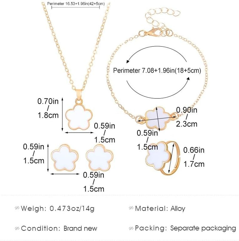 Caiyao Multicolor Five-Leaf Clover Blossom Flower Earrings Necklace Bracelet and Ring Set Lucky Five-Leaf Blossom Flower Jewelry Set for Women