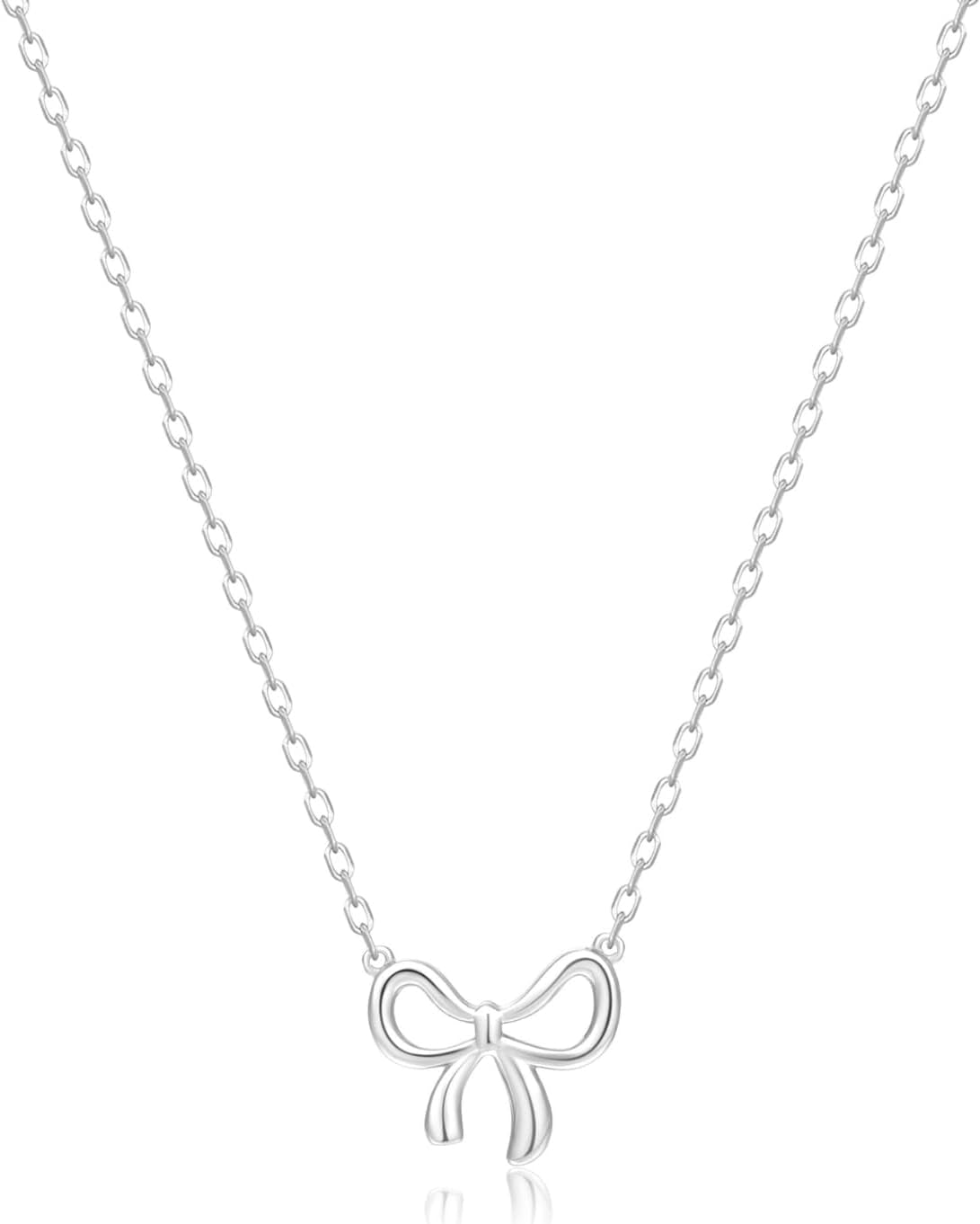 Sterling Silver Necklace for Women Bow Necklace Silver Dainty Love Cute Bowknot Ribbon Necklace Trendy Bow Charms Silver Jewelry Gift