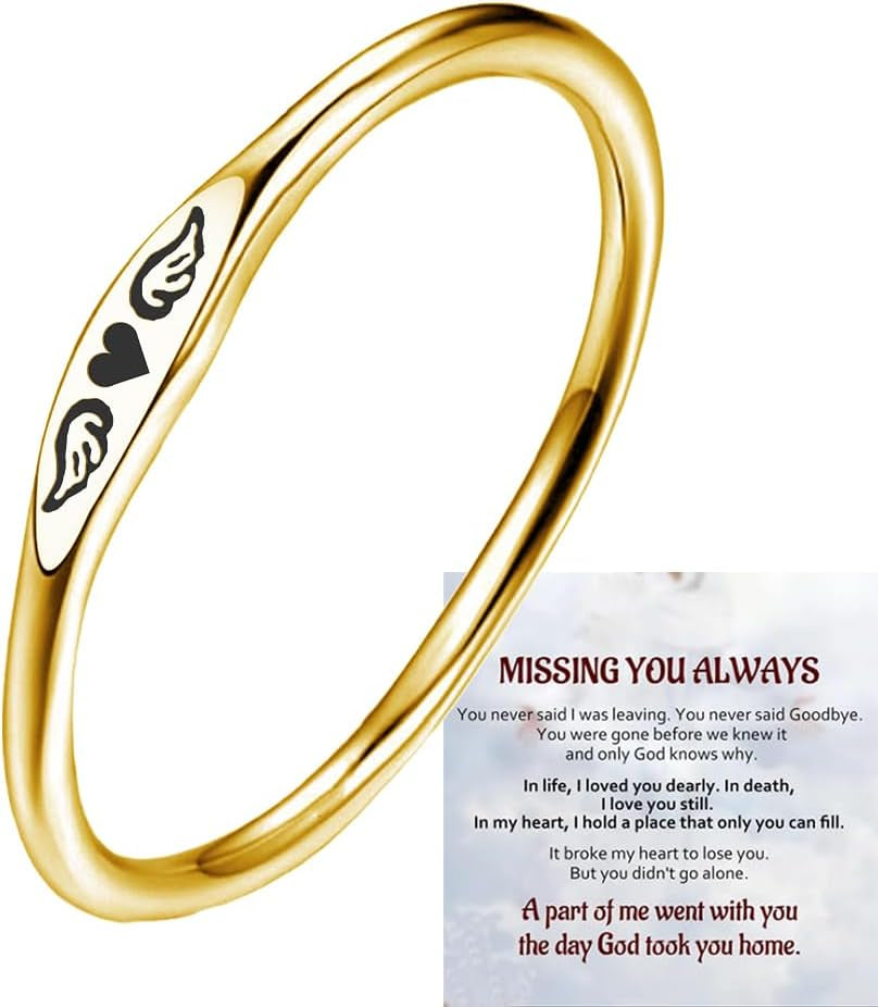 LIU JUN for Memorial - Tiny Heart with Wings Ring, Missing You Always I'Ll Hold You in My Heart Rings Lost Loved One Loss Miscarriage Memorial Jewelry Gift