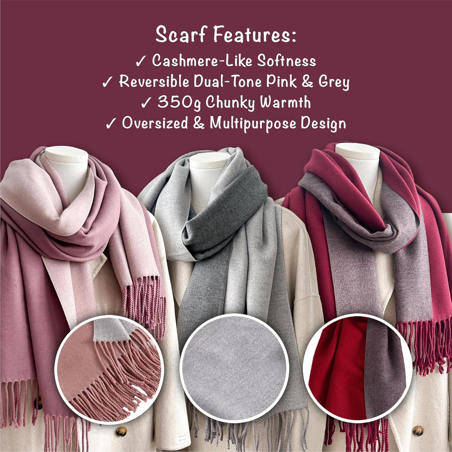 Winter Scarf for Women-Reversible Scarf with Cashmere-Like Softness 70X200Cm - Warm Shawl Wrap -Pashmina Shawls Wrap
